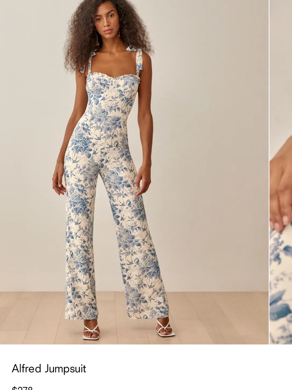 Reformation Blue and Cream Floral Tie-Shoulder Jumpsuit